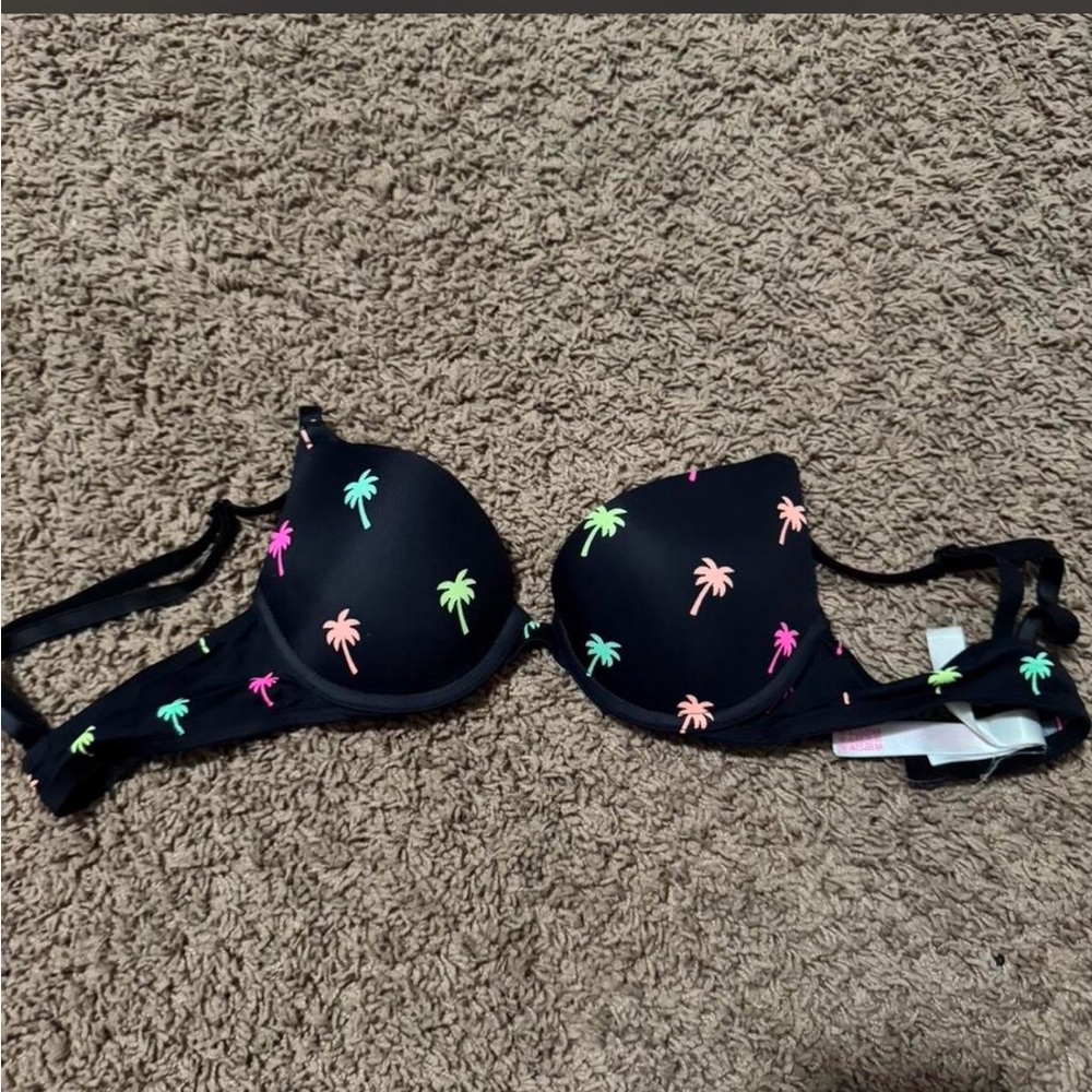 PINK Victoria's Secret Black Bra with Colorful Palm Trees